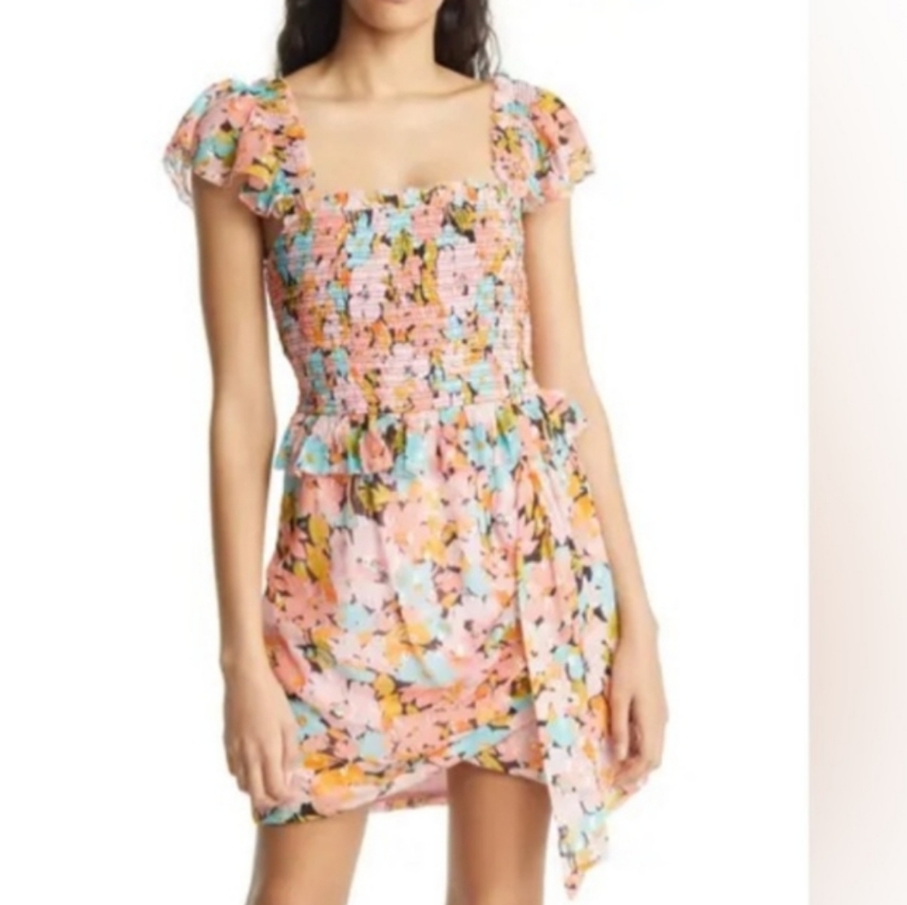SAYLOR Aveline Floral Dress In Retro Floral Gather Ruffle Side Drape Size Large